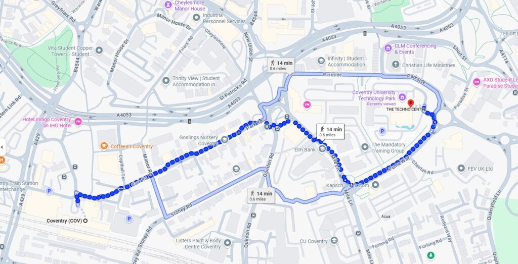 Walking routes between Coventry Station and the Techno Centre