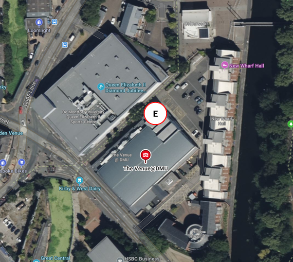 Aerial view of the Venue @DMU with the entrance marked
