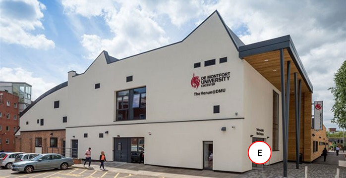 Front photo of the Venue @DMU with the entrance marked